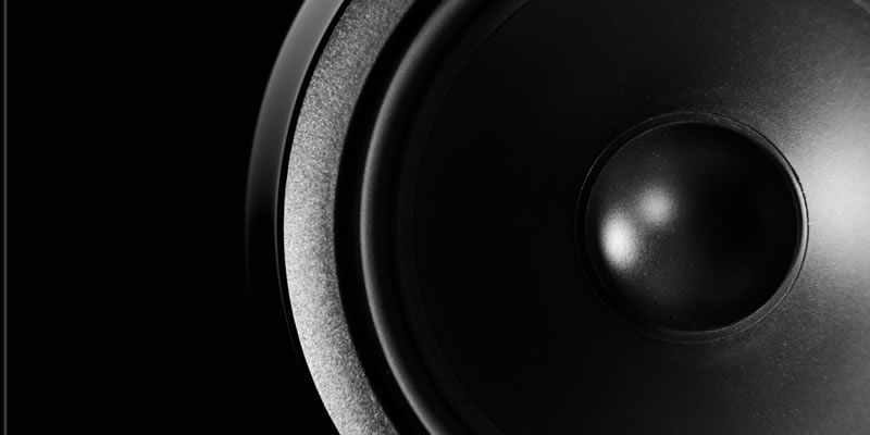 Close-up of a black speaker cone/woofer against a dark background, highlighting the dome and surround.
